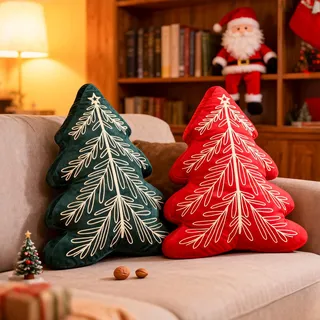 Lanpn 2 Stück Weihnachtsbaum Kissen Weihnachtskissen, Weihnachts Kissen Dekokissen Flauschiges Zierkissen für Party Bett Sofa Couch Weihnachtsdeko (Grün & Rot, 40,5x52cm)