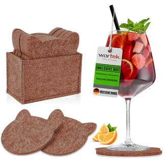 wortek Filz Untersetzer Gläser Braun in Katzenform – 10er Set mit Aufbewahrungsbox, Glasuntersetzer für Getränke, Tassen, Bar, Glas - Ø 10cm Tischuntersetzer Filzuntersetzer Gläser