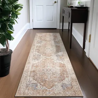 TOPICK Läufer 60x210cm Flur Waschbar Küche Läufer Kurzflor Retro Ziegelort Blume Orientalischer Teppich Faltbar rutschfest Dünn Teppich für Brücken Schlafzimmer Wohnzimmer Flur