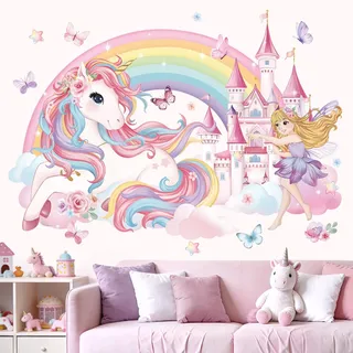 wondever Wandtattoo Einhorn Regenbogen Wandaufkleber Schloss Rosa Schmetterling Wandsticker Mädchenzimmer Wanddeko für Kinderzimmer Mädchen Babyzimmer