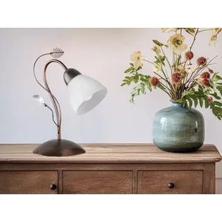 Tischlampe Rostoptik mit Blätter Deko & Glas Lampenschirm weiß, Nachttischlampe - Braun