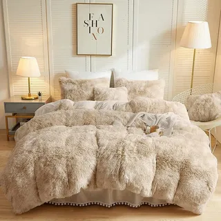 Michorinee Flauschige Winter Plüsch Bettwäsche Set 135x200 cm 4teilig Beige | Warme Winterbettwäsche, ÖKO-TEX, Flausch Langhaar Kunstfell, Coral Fleece, 2 Bettbezug 135x200 mit 2 Kissenbezug 80x80 cm