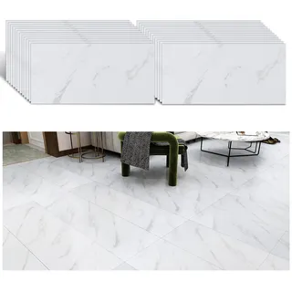VEELIKE PVC Bodenbelag Selbstklebend Bodenfliesen Weiss Marmor Vinyl Fliesen Klebefliesen Boden Vinylboden Fliesenoptik Fußbodenbelag Fliesenaufkleber Boden Bad Küchen Garage 60cm×30cm 24 Stück
