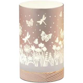 formano LED Tischlampe Deko Blumenwiese Zylinder Stimmungslicht aus Glas & Holz mit Timer, batteriebetrieben, Pastell-Peach, 15 cm - sanftes Ambientelicht für Tisch & Fensterbank