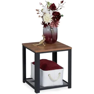 Relaxdays Beistelltisch, quadratische Tischplatte in Holzoptik, Gitterablage, Stahl, HBT: 44 x 40 x 40 cm, braun/schwarz