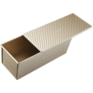 Monfish Brotbackformen Toast Brot Backform Pullman Laib Pfanne Brot Laib Dose mit verschiebbarem Deckel Aluminium Stahl 1000g Teig Champagner Gold Antihaft 34 x 13,5 x 12 cm