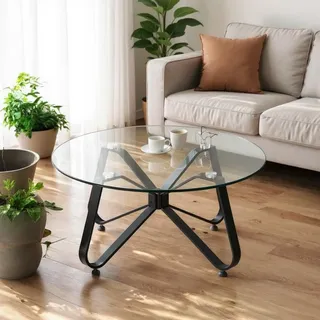 FurnitureR Wohnzimmertische, runder minimalistischer Couchtisch mit Platte aus Hartglas, künstlerische Basis in Schmetterlingsform, für Haus, Wohnzimmer, Terrasse, Garten, 80 x 80 x 40 cm