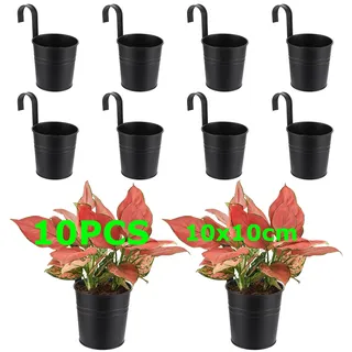 SHUESS 10er Set hängende Blumentöpfe hängend Metall schwarz – Blumentöpfe zum Aufhängen mit Haken, Hängetöpfe für Pflanzen Outdoor & Balkon, Blumentopf hängend zum Einhängen mit Drainageloch