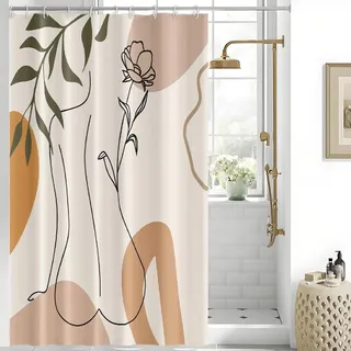 Uiiooazy Duschvorhang 150x180cm Anti Schimmel Orange Abstrakt Frau Blumen | Duschvorhang Grüne Blätter Schwarz Linien Wasserdicht Stoff Polyester Waschbar Bad Vorhang mit 10 Haken für Badezimmer
