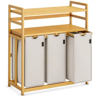 AdelDream Premium Wäschekorb 150L – 3 Fächer & 2 Regale, Ausziehbarer & Abnehmbarer Wäschesack mit Bambusrahmen, Hellgrau – Wäschesammler, Wäschebox & Wäschesortierer für Badezimmer & Schlafzimmer