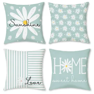 Hopomoon 4er Set Kissenbezug 45x45 cm Mintblau Gänseblümchen Dekokissen Weicher Kurzplüsch Zierkissen Blumen Streifen Landhausstil für Sofa Wohnzimmer Balkon Terrasse Ostern Deko ohne Füllung