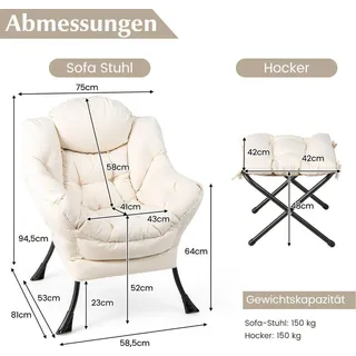 Sessel mit Hocker & Armlehnen & Seitentasche & Fußstütze Relaxsessel Ohrensessel Beige - Beige
