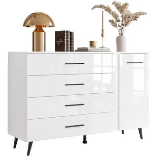 Lookway Kommode Aura II mit Griffen und LED-Beleuchtung Beinfarbe – Schwarz , Weiß, Schwarz , Holzwerkstoff , 138x90x40 cm , Kleinmöbel, Kommoden, Sideboards