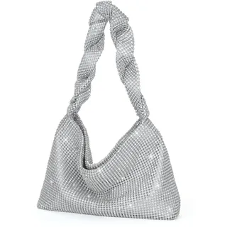 UBORSE Damen Abendtasche Clutch Glitzer Umhängetasche Klein Pailletten Handtasche Schultertasche Kette Tasche für Braut Hochzeit Party Disko - Silber