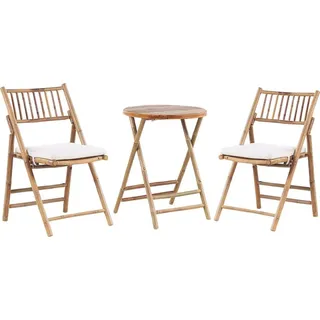Beliani Balkonset Hellbraun Bambusholz Tisch Rund 57 cm mit 2 Klappbaren Stühlen Auflagen Cremeweiß Landhaus Stil Terrasse Balkon Garten Möbel - Braun, Weiß
