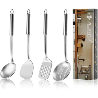 Pleafind Kochutensilien, 4-teiliges Kochutensilien set, 304 Edelstahl Kochlöffel Set mit Suppenkelle, Schaumlöffel, Schlitz Pfannenwender, Solider Wokpfannenwender, Küchenhelfer Set