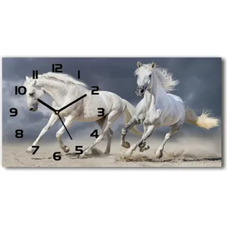 Wanduhr aus Glas – 60x30 cm - Glasbild - Glasuhr - Gehärtetes Glas - schwarze-zeiger - Weiße Pferde Strand