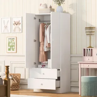 okwish Kleiderschrank mit 2 Schubladen, Kinder-Aufbewahrungsschrank mit geräumigem Stauraum, Minimalistisches Design,Weiß - Weiß