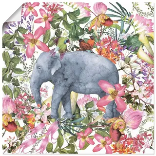 ARTland Poster Elefant im Blüten Dschungel Größe: 30x30 cm - Grau