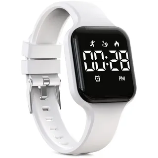 Focwony Digitale Kinderuhr, Schrittzähler, wasserdicht, Fitness-Tracker, Armbanduhr mit Schrittzähler, LED-Anzeige, Stoppuhr für Kinder, Jungen, Mädchen, Teenager (Weiß)
