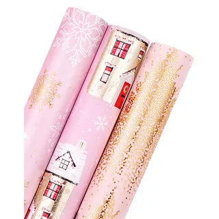 RUSPEPA Weihnachts-Geschenkpapierrolle – Mini-Rolle – 3 Rollen – 43,2 cm x 3 m pro Rolle – rosa und goldenes Haus, Weihnachtsbaum, Schneeflocken-Ferienkollektion mit metallischem Folienglanz