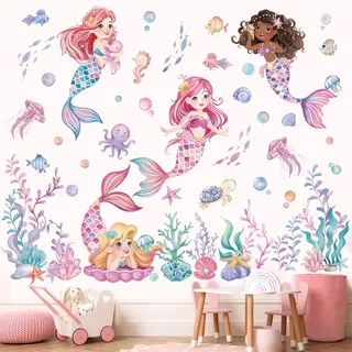 wondever Wandtattoo Meerjungfrau Mädchen Wandaufkleber Unter dem Meer Fisch Seetang Korallen Wandsticker Wanddeko für Babyzimmer Schlafzimmer Badezimmer