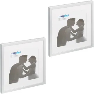 Relaxdays Bilderrahmen 2er Set, 38,5x38,5 cm, quadratisch, Fotorahmen, Aufhängen oder Hinstellen, Passepartout, silber