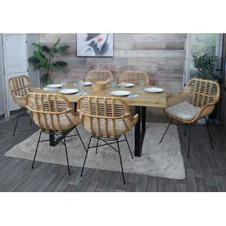 Mendler Esszimmerstuhl Kubu Rattan Metall beige/weiß 6er Set