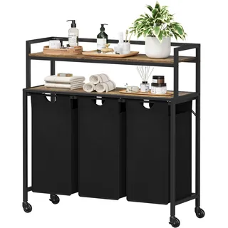 Lifewit Wäschekorb 3 Fächer, 120L/40 x 3L Wäschesammler mit 2 Ablage und Rollen, Laundry Baskets mit herausziehbaren Säcken, Wäschesortierer für Waschküche Schlafzimmer, Rustikal Braun &Schwarz