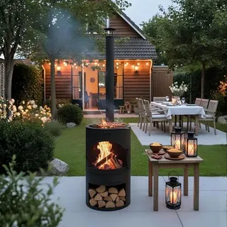 Terrassenofen – Gartenofen – Grill – Terrassenkamin – Gartenkamin mit Grill – Schwarz - Schwarz
