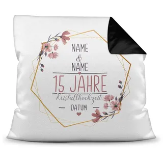 Tassendruck Kissen Hochzeitstag Kristall Hochzeit - mit Name & Datum selbst gestalten - 15 Jahre Ehe, Geschenk Hochzeit, Jubiläum, Jahrestag - Farbkissen Rückseite Schwarz, 40x40 cm I Personalisiert