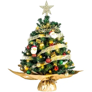 Mini Weihnachtsbaum mit Beleuchtung, 60CM Tisch Weihnachtsbaum Klein mit Deko, Mini Christbaum Led, Tannenbaum mit Sternbaumspitze und Deko, Kleiner Christbaum Weihnachtsdeko für Weihnachten, Advent