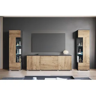 INOSIGN Wohnwand "KENIA", grau (matera anthrazit, kastanie breslau), B:270cm H:161cm T:34cm, Holzwerkstoff, Kastenmöbel-Sets, Wohnwand, Vitrinen mit Eckverglasung, hängend und stehend montierbar, Topseller