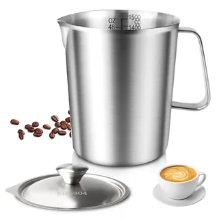 Messbecher Edelstahl 1500ML mit Deckel, 304 Edelstahl Messbecher mit Griff & Skalierung, Spülmaschinengeeignetes Milchkännchen, Robuster Milchaufschäumbecher für Küche, Backen, Milch (1,5L)