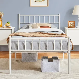 Yaheetech Metallbett Metallrahmenbett Gästebett, Einzelbett/Doppelbett, Modern Bettgestelle Bettrahmen Jugendbett mit Lattenrost für Schlafzimmer Gästezimmer 90 x 190 cm Weiß