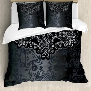 ABAKUHAUS Dunkelgrau Bettbezug Set, Vintage Damast inspirierte Verzierung viktorianische Wirbel Curlicues künstlerisch, 155 x 220 cm + 80 x 80 cm, Dimgrey Schwarz Braun