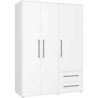 Forte Jupiter Schrank 140 150, weißer Kleiderschrank, Drehtürenschrank, 3-türig, mit 2 Schubladen und Einlegeböden, Weiß, 145 cm breit x 59 cm tief x 200 cm hoch