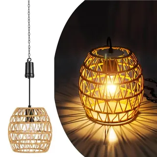 pearlstar Hängelampe mit Batterie,Rattan Lampe hängend,Indoor Outdoor batteriebetriebene Lampen,Boho Pendelleuchten Mit Haken für Weihnachten draußen Garten Terrassen Balkon Braun
