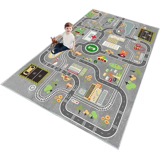 ZFHNYJWKL Kinder spielteppich Auto Jungen & Mädchen Teppich Straßenteppich Bauteppich Stadtstadt Lernbereich Teppich Pädagogischer Antirutsch für Kinderzimmer Grau Blau Grün(A,140X200CM)