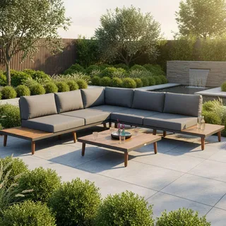 Gardenson Loungegarnitur , Braun, Graphitfarben , Holz, Metall, Textil , Akazie , Hartholz , Füllung: Schaumstoff, Polyurethan (PUR),Schaumstoff, Polyurethan (Pur) , Eckteil, L-Form, einzeln stellbar , 287.5x28x287.5 cm , Fsc , Gartenmöbel, Loungemöbel, Loungegarnituren