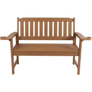 HIPS Outdoor Patio Bench with Cup Holders, 2-Person Weather Resistant Garden Bench (Teak Color)