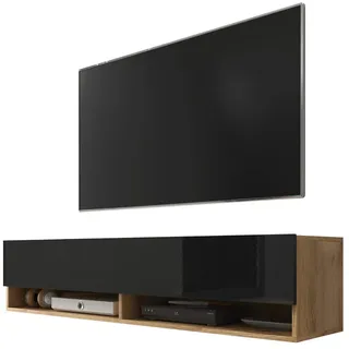 Selsey Wander - TV-Board/Fernsehschrank für Wohnzimmer hängend/stehend, optional mit LED, 140 cm (Holzoptik Wotan Eiche/Schwarz Hochglanz, ohne LED)