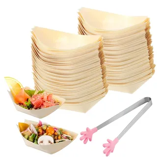 WANDGU 200 Stück Schiffchen Snackschalen: Fingerfood Schalen 8.5 x 6 cm, Holzschale Schiffchen aus Kiefernholz, Biologisch Abbaubar Bambus Schale, Snackschale für Würstchen Pommes Sushi