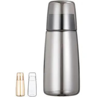 Nachttisch Wasserkaraffe Set mit Becher Glas Nachttasse Set, Mundwasser Flasche Karaffe mit Becher Deckel für Schlafzimmer Nachttisch Bad Küche 25oz/750ml (Grau)