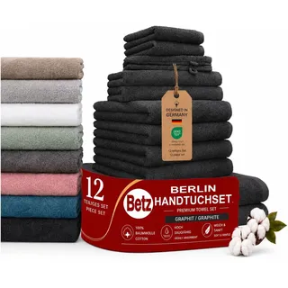Betz Berlin Handtuch-Set 12-teilig – 100% Baumwolle – Oeko-TEX® Zertifiziert – extra saugfähig & weich – hohe Grammatur – Duschtücher, Handtücher, Gästetücher & Waschhandschuhe Farbe Graphit