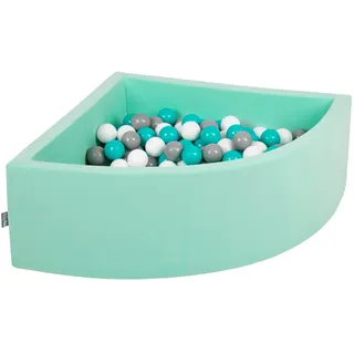 KiddyMoon TR30D-312 Bällebad 90X30cm/300 Bälle Bällepool Mit Bällen ∅ 7Cm Für Babys Kinder Viertel Eckig, Mint:Grau/Weiß/Türkis