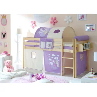 Hochbett Malte 90 x 200 cm inkl. Textil-Set und Matratze Kiefer massiv natur horse-lila