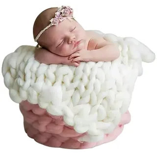 Neugeborenen Fotografie Requisiten Kuscheldecke - Weiß, Baby Fotoshooting Wrap Matte Gestrickt für 0-6 Monate