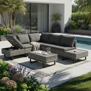 Flieks Rattan Gartenmöbel Set für 4-5 Personen, Balkonmöbel Terassenmöbel Set mit Gartentisch, Gartenlounge Set 3 Teilig, Verstellbar Sofa, Grau - Grau