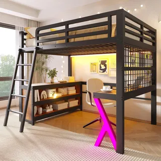 Flieks Etagenbett 140x200cm mit Led, Kinderbett Jugendbett mit Schreibtisch und Gitterregal, Hochbett Metallbett mit Schrank, Stockbett Schwarz - Schwarz